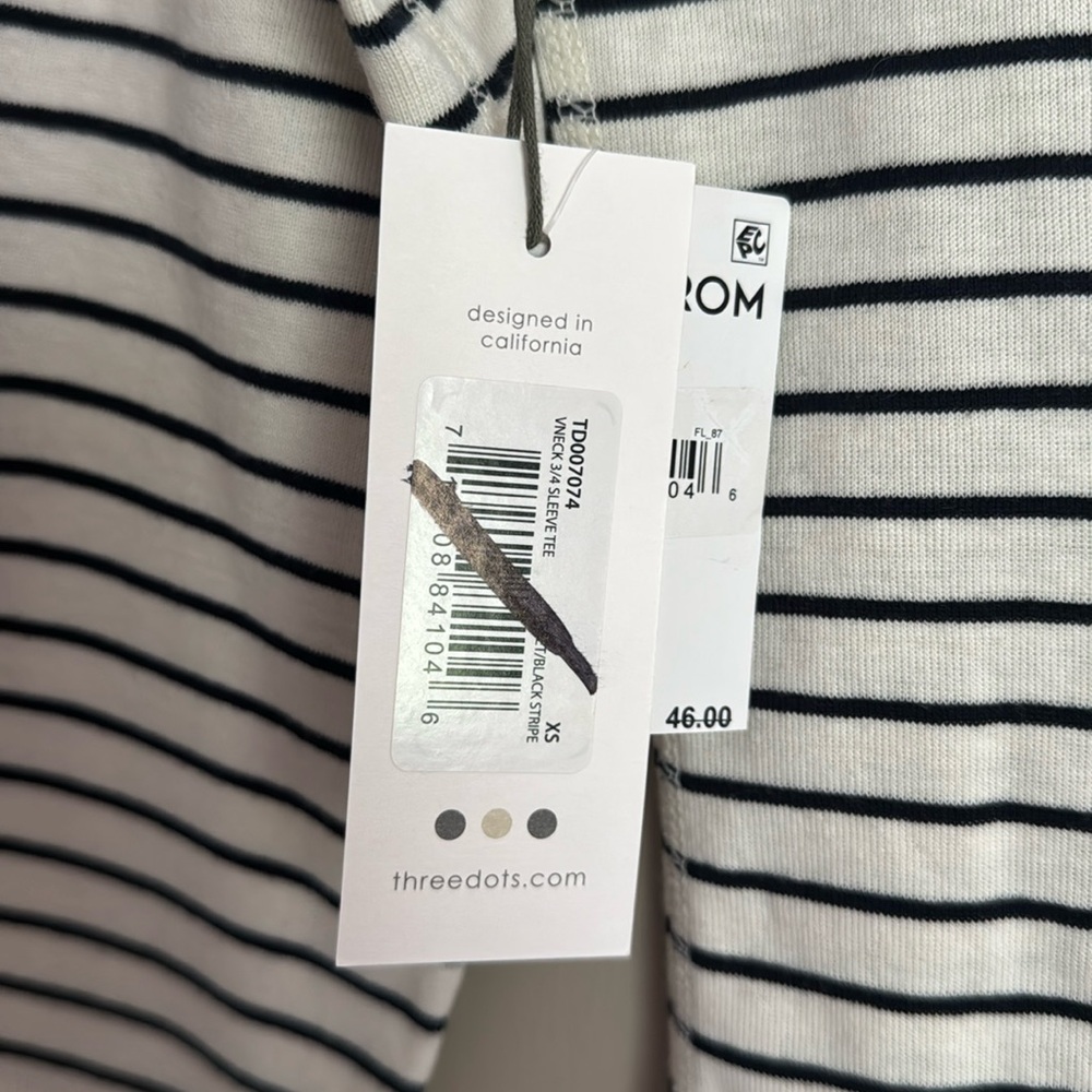 NWT- Three Dots vneck 3/4 sleeve striped shirt Egret & black striped, size XS - Picture 9 of 10